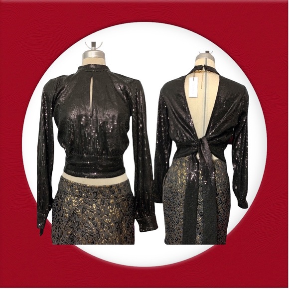 *NEW* DYNAMITE Black Long Sleeves Open Back Sequins Luxury Top Size M - Picture 4 of 13